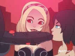 1boy 2girls animated black_hair blonde_hair blue_eyes gravity_rush huge_balls huge_cock huge_penis interspecies just_the_tip kat_(gravity_rush) kissing kissing_penis licking licking_penis monster monster_cock nevi no_sound pimple raven_(gravity_rush) red_eyes threesome unseen_male_face vaultman veiny_penis video