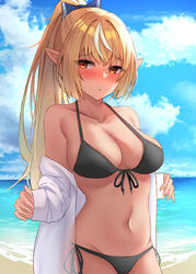 1girls 2021 beach belly bikini bikini_bottom bikini_top black_bikini black_bikini_bottom black_bikini_top blonde_hair breasts collarbone dark-skinned_female dark_elf dark_skin eyebrows_visible_through_hair eyelashes female female_focus female_only hairbow hololive hololive_fantasy hololive_japan looking_at_viewer medium_breasts navel orange_eyes pointy_ears poisonousgas ponytail seaside shiranui_flare solo solo_female standing virtual_youtuber