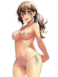 amamiya_natsumi arms_behind_back bangs bare_shoulders bikini blue_eyes blush breasts brown_hair cleavage collarbone female hair_ribbon highres kekemotsu large_breasts long_hair looking_at_viewer micro_bikini navel open_mouth original ponytail ribbon smile swimsuit thighs white_background white_bikini