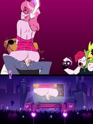 :o ass camera cartoon_network clothed_sex clothing cowgirl_position d: demencia_(villainous) dr._flug_(villainous) duo faceless_male female livestream looking_back male male/female miniskirt miss_heed_(villainous) no_panties pink_body pink_hair pink_skirt public sex sex_in_skirt sitting_on_person skirt skirt_lift tam_m3_(artist) television vaginal_penetration villainous