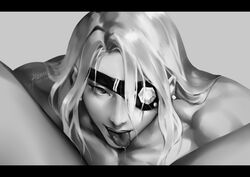 1boy cunnilingus demon_slayer eye_patch female_pov greyscale hair_down implied_oral kimetsu_no_yaiba kzhma long_hair_male looking_at_viewer male male_focus monochrome muscular_male realistic solo_focus tongue_out uzui_tengen