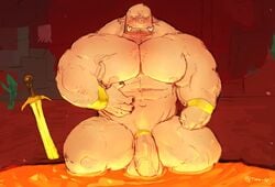 balls bara big_pecs cock_ring giantspacetiger lava male male_only minecraft muscles muscular nude penis pig piglin suina sus_(pig) tora_gy veiny_penis