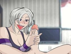 alexa_(never_saint) breasts faceless_male gray_hair harold_(never_saint) jerkingoff large_breasts masturbating masturbating_partner never_saint open_mouth purple_eyes purple_lips saint_voice short_hair sister tongue_out