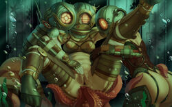 3girls anal areolae big_sister_(bioshock) bioshock bioshock_2 breasts clitoral_stimulation clitoris clothed clothing diving_suit erection female fingering helmet human light-skinned_female light_skin mostly_nude multiple_girls nipples pale_skin pussy spread_legs tentacle tentacle_sex themaestronoob underwater water yuri