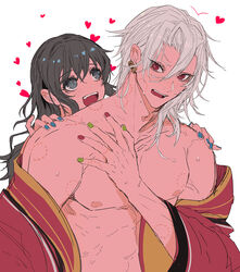 1boy 1girls after_sex annoyed bite_mark bite_marks black_hair blush canon_couple demon_slayer earrings female hair_down husband_and_wife iwatokko kimetsu_no_yaiba kimono long_hair male married_couple muscular_male nail_polish open_clothes open_kimono red_eyes silver_hair smile suma_(kimetsu_no_yaiba) sweat upper_body uzui_tengen