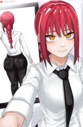 1girls ass ass_focus big_ass big_butt braided_hair chainsaw_man female fully_clothed long_hair makima_(chainsaw_man) o22no red_hair selfie solo standing thick_thighs thighs tight_clothing tight_pants