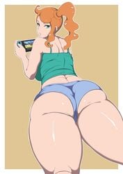 1girls alternate_breast_size aqua_eyes ass bedroom_eyes big_ass big_breasts denim_shorts edit eye_contact female female_only gamer_girl hair_ornament heart hi_res highres huge_ass huge_thighs human jean_shorts kneepits large_breasts long_hair looking_at_viewer looking_back minishorts nintendo nintendo_switch orange_hair oryuto pale-skinned_female pale_skin pokemon pokemon_ss ponytail red_head shorts solo sonia_(pokemon) tank_top thick_ass thick_thighs tight_clothing tomboy upscaled voluptuous waifu2x wide_hips