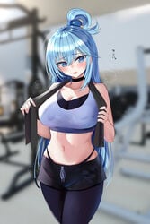 aqua_(konosuba) blurry_background blush gym hanasaka_houcha high_resolution highres kono_subarashii_sekai_ni_shukufuku_wo! open_mouth panties workout_clothes