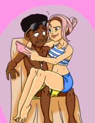 1boy brooklynn_(jurassic_world) darius_(jurassic_world) dark-skinned_male female grin interracial jurassic_world_camp_cretaceous light-skinned_female nervous pink_hair sitting_on_lap sitting_on_person swimsuit teasing