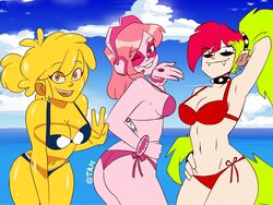 3girls bikini blue_bikini cartoon_network demencia_(villainous) female_only g-lo_(villainous) long_hair looking_at_viewer medium_breasts medium_hair miss_heed_(villainous) multicolored_hair pink_bikini pink_body pink_hair red_bikini tagme tam_m3_(artist) transparent_body villainous yellow_body