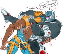 beast_wars blush cum_string cum_trail cuntboy dinobot_(beast_wars) dinosaur eye_contact gorilla grabbing grin intersex one_leg_up optimus_primal red_eyes teasing transformers velociraptor