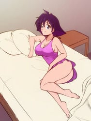 1girls amelia_wil_tesla_seyruun blue_eyes breasts female human in_bed inviting large_breasts nightgown pale-skinned_female pale_skin princess purple_hair scorpdk short_hair slayers solo sorceress