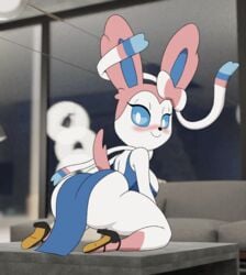 1girls animated animated_gif anthro ass big_ass big_breasts big_butt blush bouncing_ass breasts eeveelution eye_contact female furry gif high_heels looking_at_viewer looking_back nintendo pokemon pokemon_xy pokethot's smile solo sylveon tansau thick_thighs thighs twerking