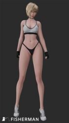 3d big_breasts black_thong blender blonde_hair blue_eyes bra disney female female_only fisherman gloves light-skinned_female light_skin necklace partially_visible_vulva sergeant_calhoun shoes short_hair solo sports_bra sportswear thong watermark white_bra wreck-it_ralph