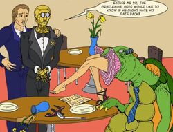 dress female feral_vore human humanoid legs light-skinned_female light-skinned_male light_skin male oral_vore restaurant robot soft_vore swallowed_whole tie turtle turtle_in_a_tie unseen_female_face vore