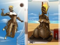 1girls alien arcafterdark armor beach dat_ass ember_(warframe) female female_focus female_only helmet sunscreen tagme volleyball warframe