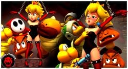 3d blonde_hair blue_eyes blushing bondage gloves goomba half-closed_eyes hammer_bros. high_heels koopa_troopa leotard mario_(series) nintendo onmodel3d ponytail princess_peach self_upload sex_toy shy_guy slave_outfit spiked_collar sumo_bro super_mario_bros. thigh_highs vibrator