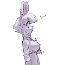anthro boobjob breasts bunny clothed_female cum cum_through_clothes cum_through_clothing disembodied_penis ejaculation_between_breasts female human human_on_anthro male outercourse paizuri paizuri_under_clothes penis rabbit small_breasts surprised