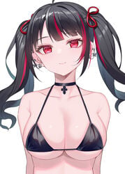 1girls ahoge alexmaster bare_arms bare_shoulders bikini black_bikini black_choker black_hair breasts choker cleavage collarbone ear_piercing earrings female female_only hair_ribbon halter_top halterneck jewelry large_breasts light-skinned_female light_skin long_hair looking_at_viewer multicolored_hair original piercing plain_background red_eyes ribbon smile solo streaked_hair string_bikini swimsuit twintails upper_body white_background