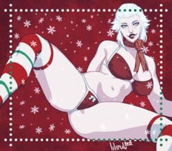 1girls belly belly_button blue_eyes bra christmas christmas_outfit exposed_belly exposed_thighs female final_fantasy final_fantasy_xiv lilirulu merlwyb_bloefhiswyn neck_ribbon pale-skinned_female pale_skin panties red_lipstick ribbon_choker roegadyn socks teasing underwear white_hair