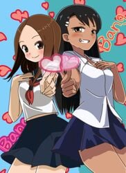 2girls black_hair blush brown_eyes brown_hair clothed clothing crossover english_text female_focus female_only hayase_nagatoro hi_res karakai_jouzu_no_takagi-san looking_at_viewer multiple_girls nonbiri_jirou please_don't_bully_me,_nagatoro pose revealing_clothes simple_background smile takagi-san text