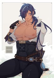 1boy ambush_(trap) androgynous blue_eyes blue_hair eyepatch fingerless_gloves genshin_impact gloves kaeya_(genshin_impact) large_pectorals long_hair looking_at_viewer male male_only manboobs muscular_femboy muscular_trap nipples oketan pecs ponytail smile solo