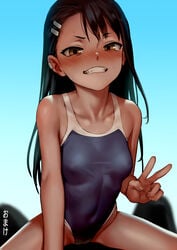 1boy 1girls as109 black_hair blue_background blush breasts brown_eyes clothed clothing earrings hayase_nagatoro hi_res long_hair looking_at_viewer naoto_hachioji_(senpai) navel nipples on_back peace_sign please_don't_bully_me,_nagatoro revealing_clothes simple_background small_breasts smaller_male smile spread_legs swimsuit watermark