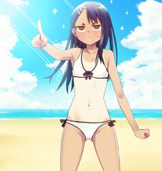 1girls beach bikini black_hair blush breasts brown_eyes clothed clothing female_focus female_only gazing_eye hayase_nagatoro hi_res long_hair looking_at_viewer navel open_mouth please_don't_bully_me,_nagatoro revealing_clothes small_breasts solo tanline tanned