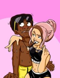 1boy 1girls blacked blacked_clothing brooklynn_(jurassic_world) darius_(jurassic_world) dark-skinned_male female grin interracial jurassic_world_camp_cretaceous light-skinned_female nervous pink_hair swimsuit teasing