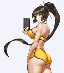 1girl 1girls 2010s 2019 ass bangs bare_arms bare_shoulders big_ass blunt_bangs breasts brown_eyes brown_hair butt_crack_outline cellphone closed_mouth covered_nipples crop_top dolphin_shorts eyebrows_visible_through_hair female female_focus female_only grey_background hair_ornament hair_stick halterneck high_ponytail highres hime_cut holding holding_phone hsh_thx large_breasts last_origin long_hair manga mild_tomboy phone rear_view selfie short_shorts shorts sideboob sidelocks simple_background smartphone smile solo solo_female sports_bra standing thighs tiequan_(last_origin) tomboy two_tone_clothing two_tone_clothing_(blackandyellow) very_long_hair white_background