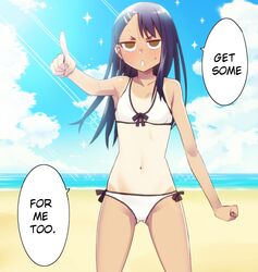 1girls beach bikini black_hair blush breasts brown_eyes clothed clothing english_text female_focus female_only gazing_eye hayase_nagatoro hi_res long_hair looking_at_viewer navel open_mouth please_don't_bully_me,_nagatoro revealing_clothes small_breasts solo tanline tanned text