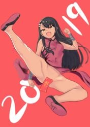 1girls black_hair breasts brown_eyes clothing female_focus female_only going_commando hayase_nagatoro hi_res long_hair please_don't_bully_me,_nagatoro pose red_background revealing_clothes simple_background small_breasts solo spread_legs syyndev