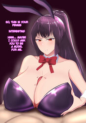 1boy 1girls alternate_breast_size big_breasts black_background blush breasts bunnysuit cleavage clothed clothing english_text erection hi_res huge_breasts large_breasts long_hair naoto_hachioji_(senpai) paizuri paizuri_lead_by_female paizuri_on_lap penis please_don't_bully_me,_nagatoro president_(nagatoro) purple_hair red_eyes revealing_clothes sana_sunomiya simple_background straight suppuri text