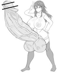 1futa balls bar_censor big_breasts bottomless breast_expansion censored clothed clothing erection futa_only futanari huge_balls huge_cock human hyper hyper_penis monochrome mostly_clothed peace_sign penis penis_bigger_than_body penis_longer_than_knee pesshin smiling solo standing thighhighs v veiny_testicles wardrobe_malfunction