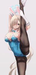 1girls 2021 absurdres animal_ears asuna_(blue_archive) asuna_(bunny)_(blue_archive) black_legwear blue_archive blue_eyes breasts cleavage commentary fake_animal_ears female female_focus female_only full_body hair_over_one_eye highres large_breasts long_hair looking_at_viewer mole mole_on_breast panipo pantyhose playboy_bunny rabbit_ears shoes smile solo solo_female split standing standing_on_one_leg standing_split vertical_splits white_footwear