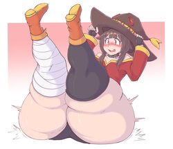 1girls ass ass_expansion big_ass big_thighs blush blushing bottom_heavy brown_hair clothed dumptruck_ass female female_focus female_only female_solo flat_chest hat huge_ass huge_thighs kittenboogers kono_subarashii_sekai_ni_shukufuku_wo! megumin red_eyes short_hair solo solo_female solo_focus thick_thighs thighhigh_socks thighhighs thighs