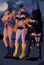 3girls barbara_gordon batgirl batgirl_(cassandra_cain) batman_(series) big_ass big_breasts big_butt bikini blonde_hair blue_eyes cape cassandra_cain cleavage cleavage_cutout colored dark_lipstick dc dc_comics eduardo_squidwardo female female_only gloves green_eyes heels hourglass_figure huge_breasts light-skinned_female mask masked multiple_girls night red_hair scar scars scars_all_over shorts stephanie_brown tan_skin