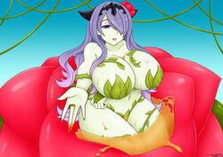 1girls alraune camilla_(fire_emblem) curvy female fire_emblem fire_emblem_fates hair_over_one_eye huge_ass huge_breasts leaf leaf_clothing leaf_on_breast looking_at_viewer monster_girl nintendo plant plant_girl plant_transformation plump post_transformation purple_eyes purple_hair solo_female solo_focus thick_thighs transformation voluptuous wide_hips yukihana-draws