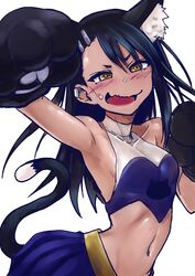 1girls black_hair blush bokkusu breasts brown_eyes cat_ears catgirl cheerleader cheerleader_outfit cheerleader_uniform clothed clothing female_focus female_only hayase_nagatoro hi_res long_hair looking_at_viewer navel nekomimi open_mouth please_don't_bully_me,_nagatoro pose revealing_clothes simple_background small_breasts smile solo sweat tan-skinned_female white_background