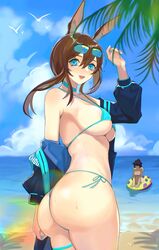 2021 2girls absurdres amiya_(arknights) animal_ears aqua_bikini aqua_choker aqua_eyes aqua_nails arknights armpits ass ass_focus bare_shoulders beach bikini bird blush booty breasts brown_hair cleavage cloud eyebrows_visible_through_hair eyewear_on_head g-string hair_ornament hand_up highres jacket jacket_removed jintianhuahualema medium_breasts multiple_girls open_mouth rabbit_ears sand short_hair side-tie_bikini sideboob sidelocks sky solo_focus standing string_bikini sunglasses sweat swimsuit thigh_strap thong thong_bikini