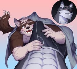 2boys abs absurd_res anthro biceps big_muscles big_penis black_body black_claws black_fur black_hair blush bottomwear brown_body brown_fur bulge canid canine canis claws clothed clothing countershade_torso countershading dialogue duo erection erection_under_clothing fingers fur furry genitals hair hi_res huge_cock huge_muscles male male/male mammal muscular muscular_male pecs penis red_eyes rosutoriano size_difference smile tenting underwear wolf yaoi