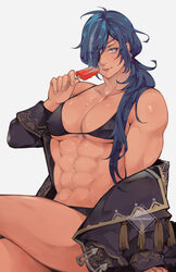 abs ambush_(trap) androgynous bikini blue_eyes blue_hair cleavage eyepatch femboy genshin_impact ice_cream kaeya_(genshin_impact) looking_at_viewer male manboobs muscles muscular_femboy muscular_male muscular_trap navel oketan pecs smile solo toned trap