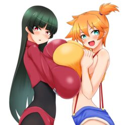 2girls alternate_breast_size armpits asymmetrical_hair big_breasts bimbo blush breast_hold breast_press breasts clothing denim denim_shorts eyelashes female female_only fully_clothed game_freak gen_1_pokemon gigantic_breasts green_eyes gym_leader hair_tie hips huge_breasts hyper_breasts kasumi_(pokemon) large_breasts legs long_hair looking_at_viewer massive_breasts multiple_girls navel nintendo orange_hair parmiria pokemon pokemon_(anime) pokemon_(classic_anime) pokemon_(game) pokemon_rgby ponytail red_eyes sabrina_(pokemon) shirt short_hair short_shorts shorts side_ponytail suspenders tank_top tied_hair white_background yellow_shirt yellow_tank_top