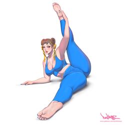 1girls 2021 barefoot blue_nail_polish blue_nails blue_pants blue_toenail_polish blue_toenails braid breasts brown_hair cameltoe chun-li feet female female_focus female_only hair_ribbon lifting_leg looking_away lying nail_polish nails painted_nails painted_toenails pants pinkdrawz simple_background solo solo_female splits sportswear street_fighter stretching toenail_polish toes white_background yoga yoga_pants