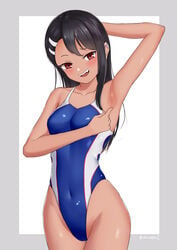 1girls black_hair blush breasts brown_eyes clothed clothing female_focus female_only hayase_nagatoro hi_res long_hair looking_at_viewer navel open_mouth please_don't_bully_me,_nagatoro pose revealing_clothes shinalpha simple_background small_breasts smile solo swimsuit white_background