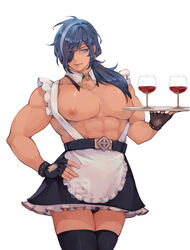 1boy abs ambush_(trap) bare_shoulders belt bishonen blue_eyes blue_hair crossdressing eyepatch femboy fingerless_gloves genshin_impact glass gloves kaeya_(genshin_impact) long_hair maid maid_uniform male male_only manboobs muscles muscular_femboy muscular_male nipples oketan pecs ponytail smile solo trap wine