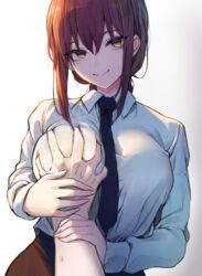 1boy 1girls arm_grab big_breasts breast_grab breasts chainsaw_man clothed clothing female_focus fully_clothed guided_breast_grab human inviting light_skin makima_(chainsaw_man) male_pov marse_(rokudaime) office_lady pale_skin pov smile solo_focus standing tie