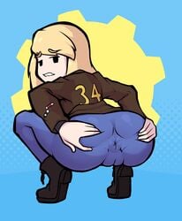 1girls anus anus_outline ass back back_view better_version_at_source big_anus big_ass biting_lip blonde_hair blue_eyes clothed clothing fallout female female_only fully_clothed human jacket light-skinned_female light_skin looking_back mob_face puffy_anus pussy solo spread_anus spread_legs squatting tight tight_clothes tight_clothing tight_fit tight_pants tights twitter_sample vault_dweller vault_girl vault_meat vault_suit vetero