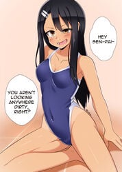 1girls black_hair blush breasts brown_eyes cleavage clothed clothing english_text female_focus female_only hayase_nagatoro hi_res izuthree long_hair looking_at_viewer navel open_mouth please_don't_bully_me,_nagatoro pose revealing_clothes simple_background small_breasts smile solo swimsuit text watermark