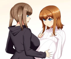 1futa 1girls big_breasts breast_grab breasts brown_hair clothed clothing duo female fully_clothed futa_on_female futanari grabbing_breasts huge_breasts human implied_futanari jacket kinoko light-skinned_female light-skinned_futanari light_skin long_sleeves pale_skin short_hair standing sweater tagme twintails